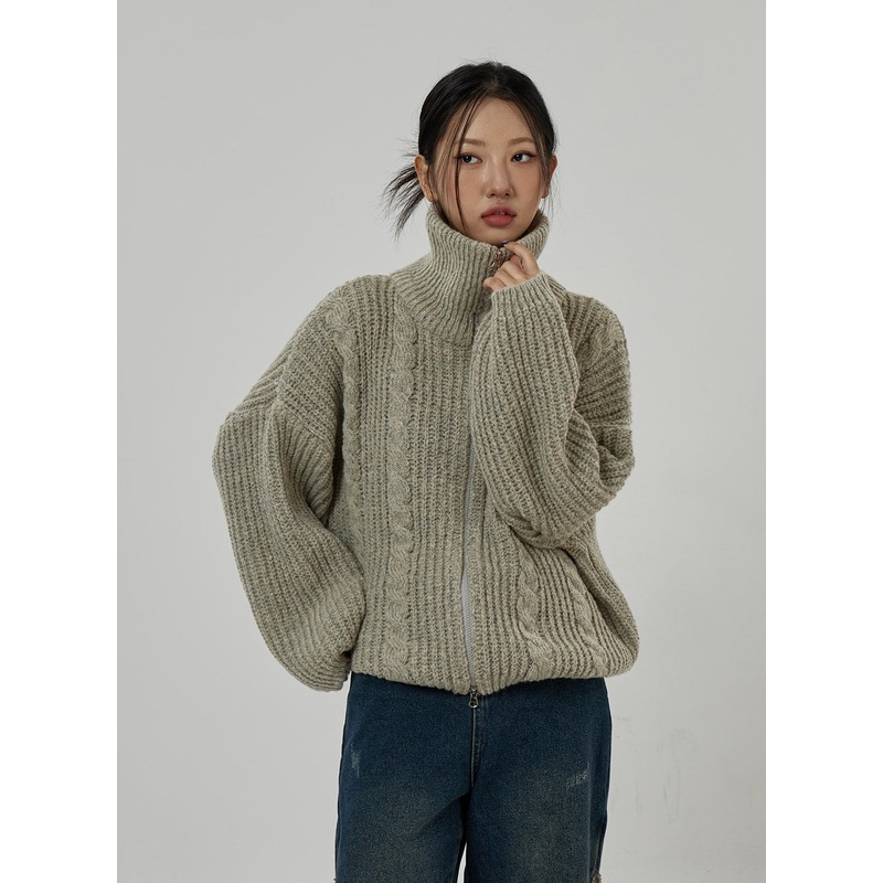 Twist Pattern Two Way Zipper Knit Cardigan CD20 Light Beige S/M