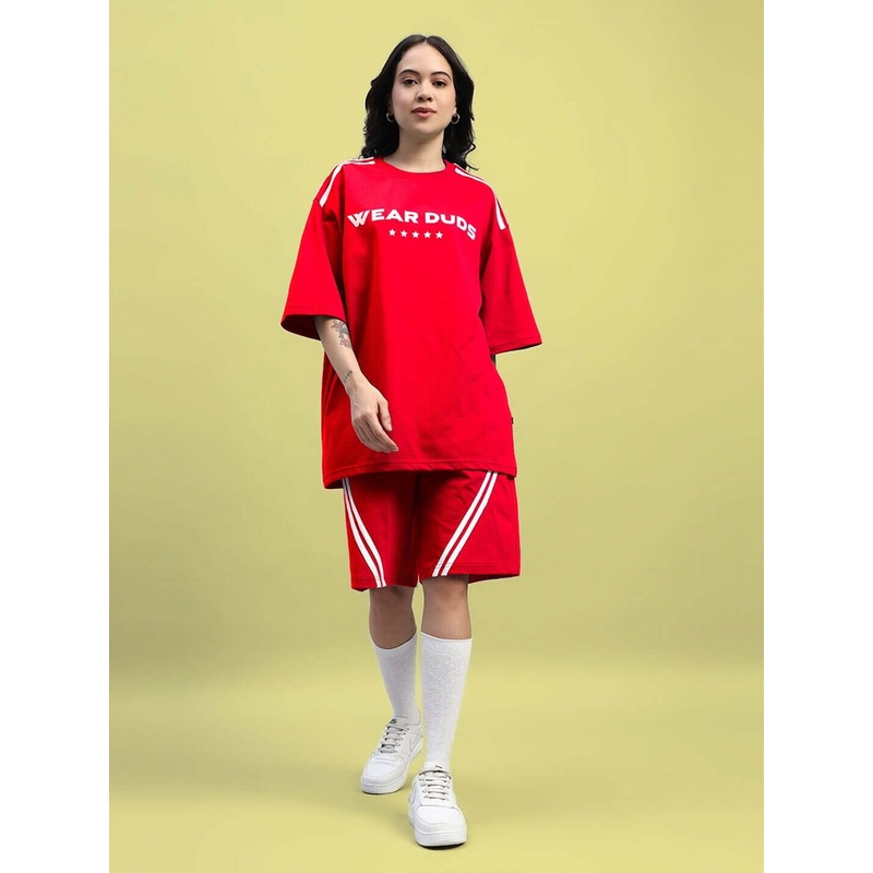 WOMENS STAR JUMPER SUMMER CO-ORD SET RED XS