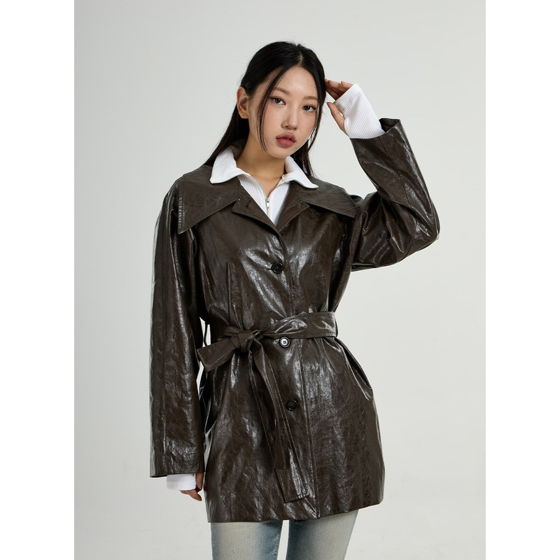 Faux Leather Trench Coat And Belt Ribbon Set CO26 Dark Brown M/L
