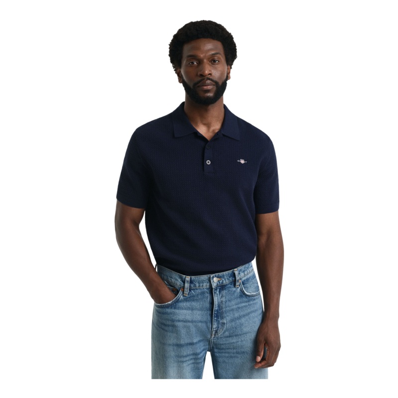 GANT Textured Cotton Short Sleeve Polo Evening Blue Medium