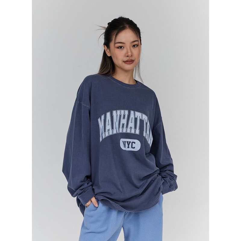 Lettering Print Oversize Long Sleeve T-Shirt Unisex CN21 Light Green M/L