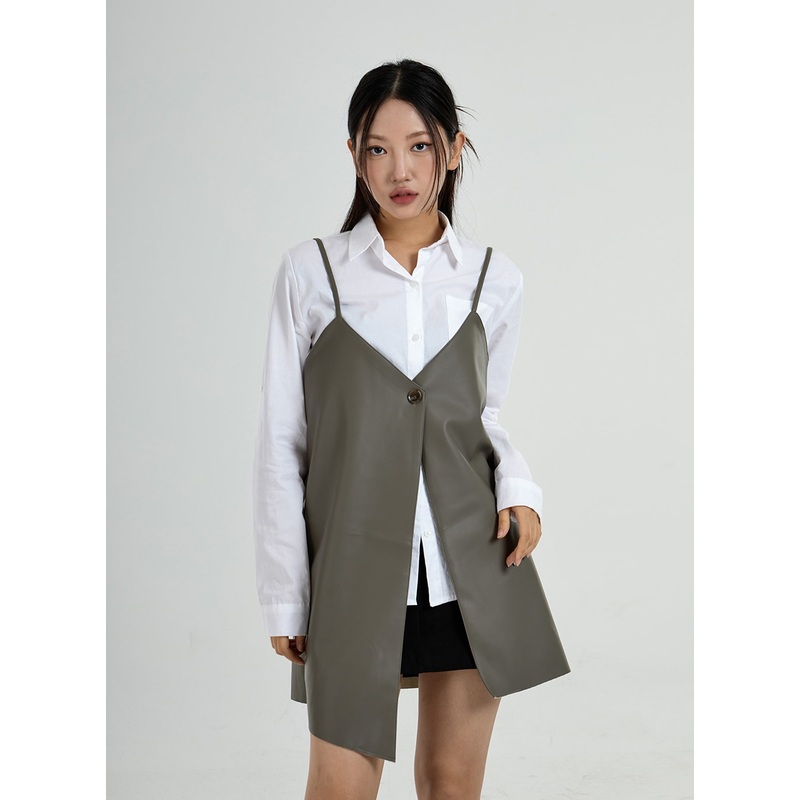 One Button Layered Faux Leather Dress CO24 Dark Beige S