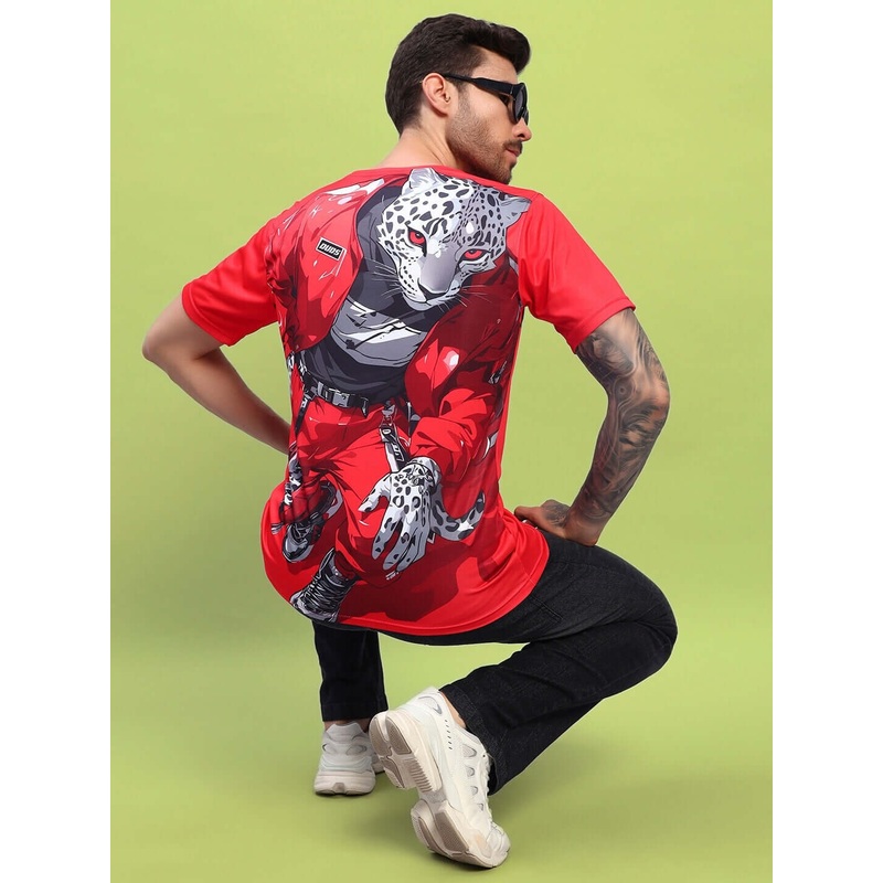 STYLIZED LEOPARD PRINTED T-SHIRT RED XS