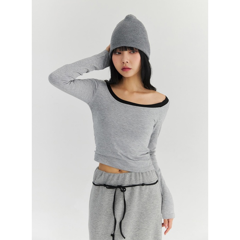 Wide U-Neck Semi Crop T-Shirt CN09 White S/M