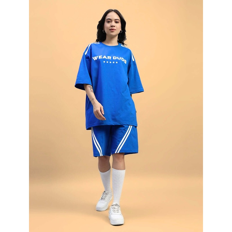 WOMENS STAR JUMPER SUMMER CO-ORD SET BLUE XS