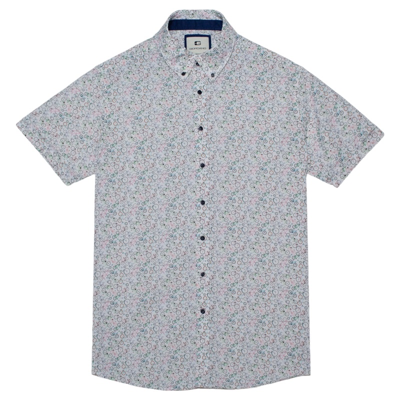 Giordano Short Sleeve Linen Look Bike Print Shirt White/Pink Medium