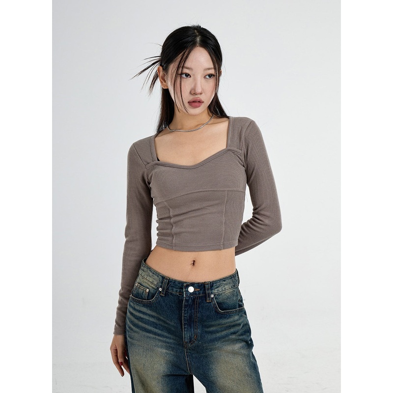 Heart Neck Crop T-Shirt CO11 Light Beige S