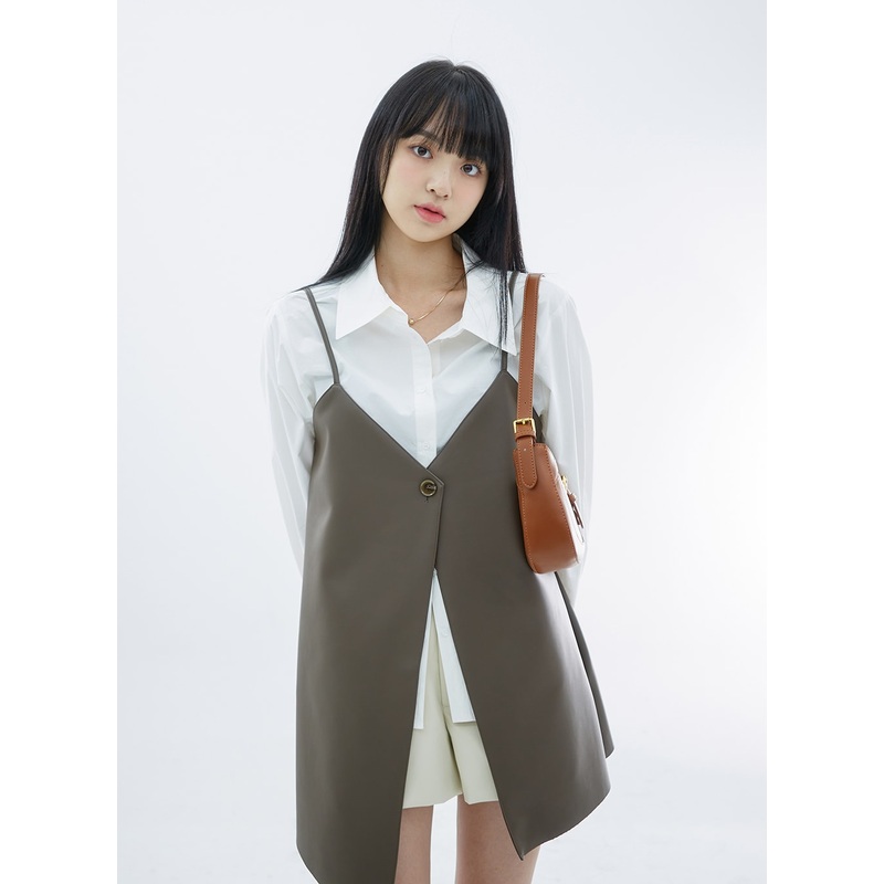 One Button Faux Leather Mini Dress OS29 Dark beige S