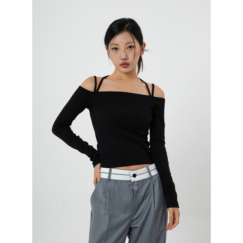 Open Shoulder Neck Long Sleeve T-Shirt CS21 White S