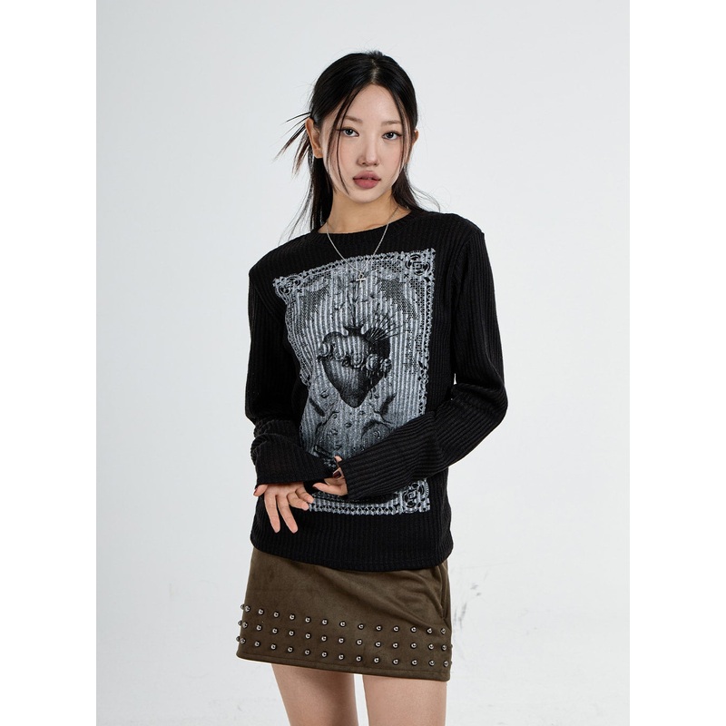 Round Neck Printed Knit CO07 White S/M