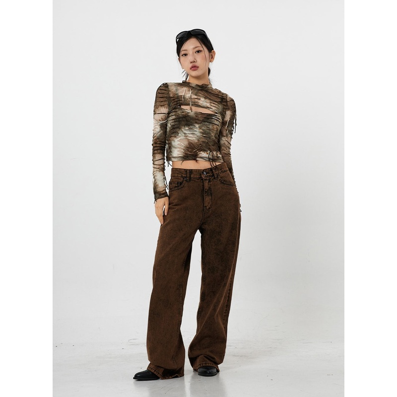 Washing Wide Jeans Unisex CS21 Dark Brown S