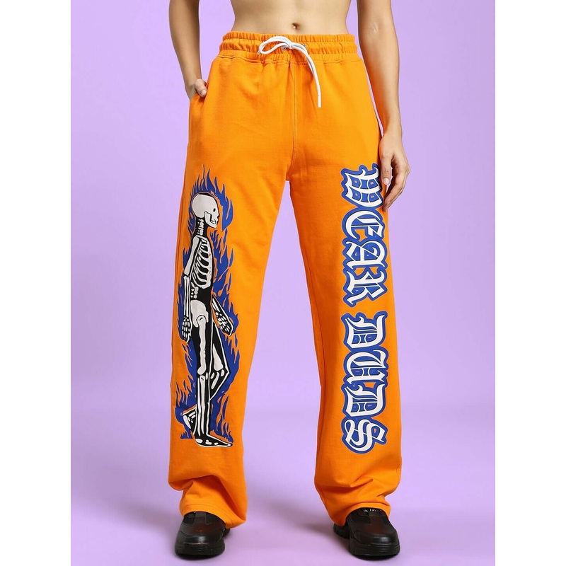 WOMENS FLAMING SKELETON PRINTED RELAXED FIT JOGGER ORANGE XS