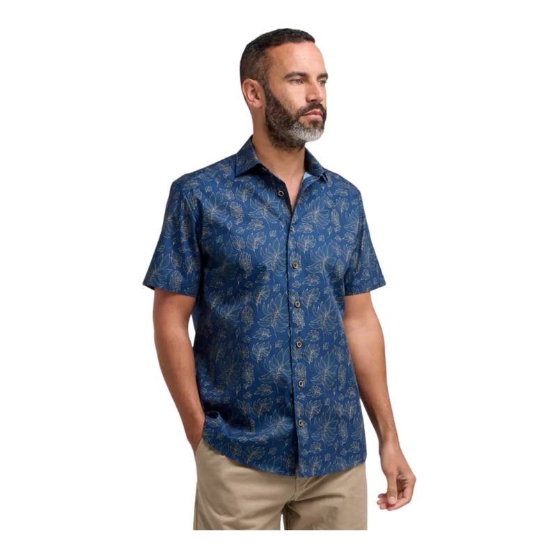Double Two Palm Print Short Sleeve Shirt Navy 2 X-Large
