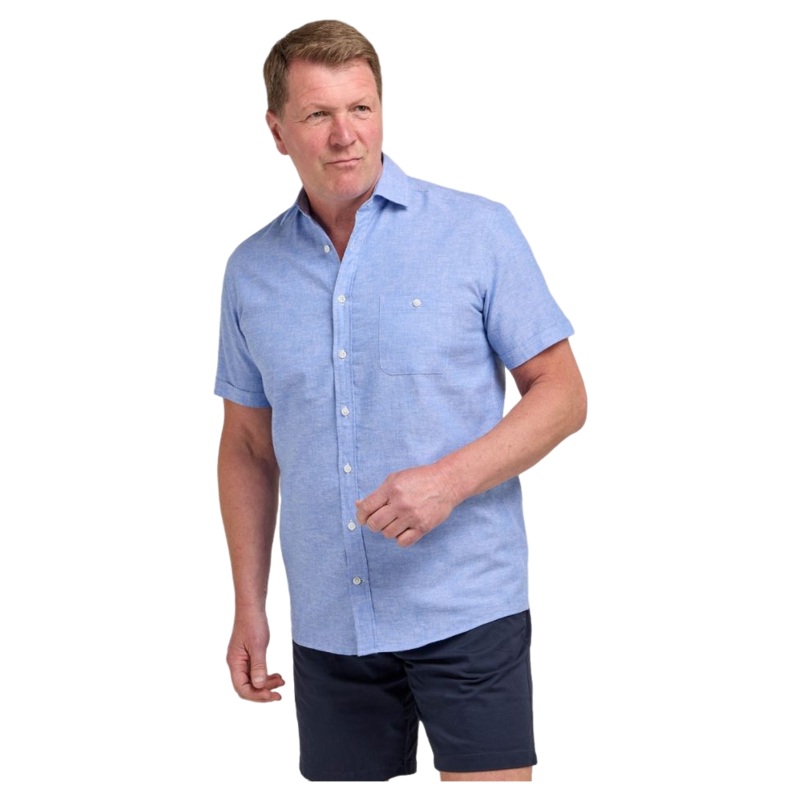 Double Two Short Sleeve Linen Blend Shirt Blue 2 X-Large