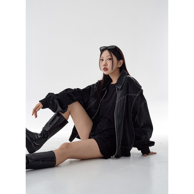 Over Fit Stitch Faux Leather Jacket Unisex CG16 Dark Blue M/L