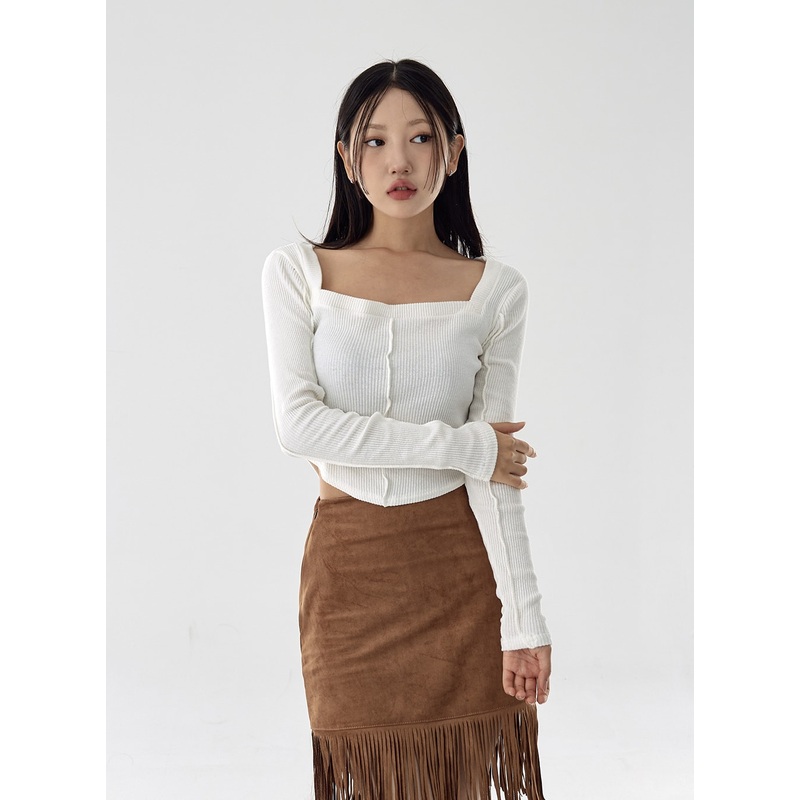 Square Neck Crop Long Sleeve Shirt CG16 Light Beige S