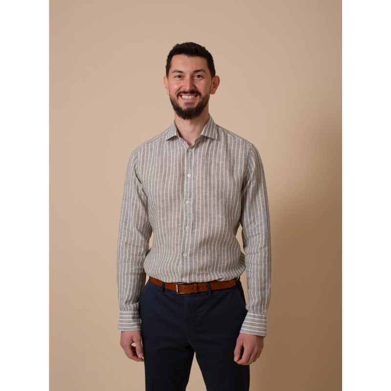 William David Orford Long Sleeve Wide Stripe Linen Shirt Green Stripe Small