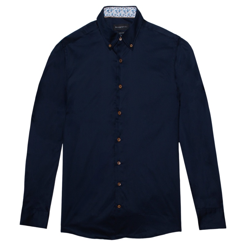 Bugatti Long Sleeve Plain Shirt With Trim Navy Medium