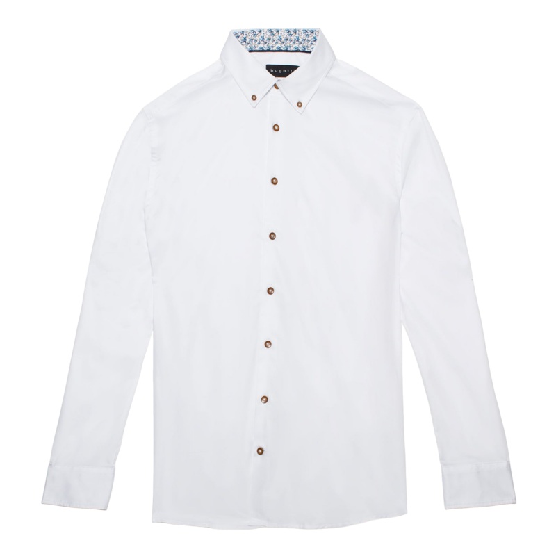 Bugatti Long Sleeve Plain Shirt With Trim White Medium