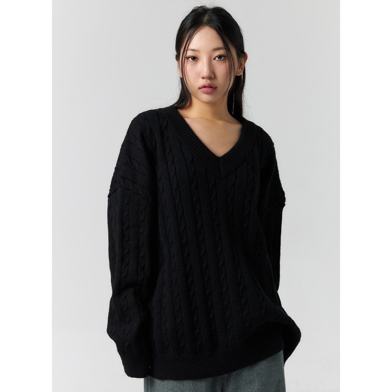 Cable-Knit V-Neck Sweater CS303 Light beige M/L