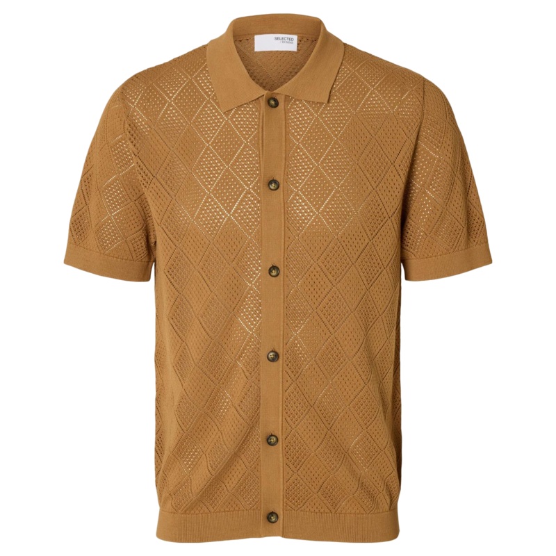 Selected Arco Short Sleeve Knit Structure Polo Cardigan Chipmunk Small