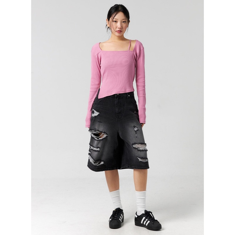 Ripped Bermuda Pants Unisex CG303 Blue S