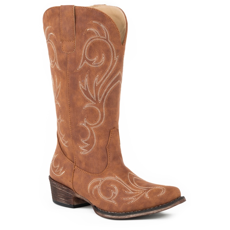 Womens Fashion Cowboy Boot Cognac Faux Leather With All Over Embroidery 5 R
