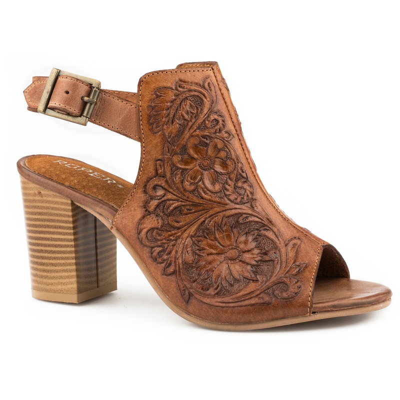 Womens Fashion Mule Tan Floral Tooled Leather With Open Toe And Back Strap 5 R