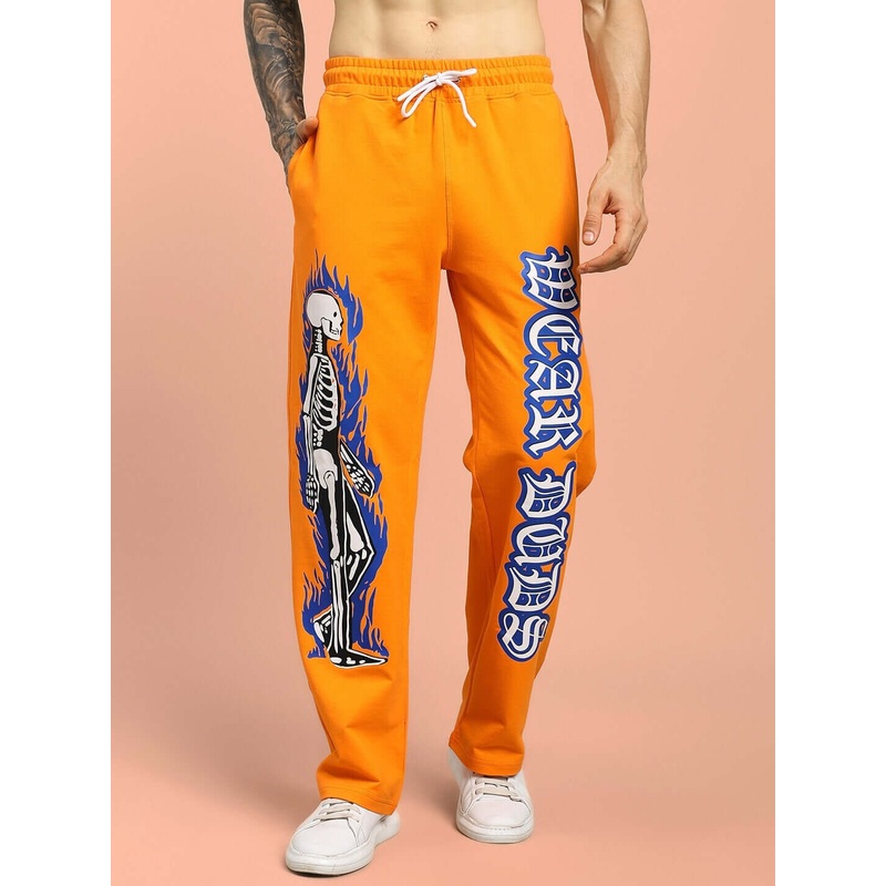 FLAMING SKELETON PRINTED RELAXED FIT JOGGER ORANGE XS
