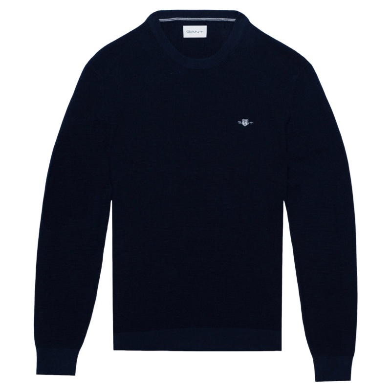 GANT Micro Textured Cotton Crew Neck Jumper Evening Blue Medium