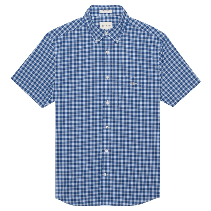 GANT Reg Classic Poplin Check Short Sleeve Shirt Rich Blue Small