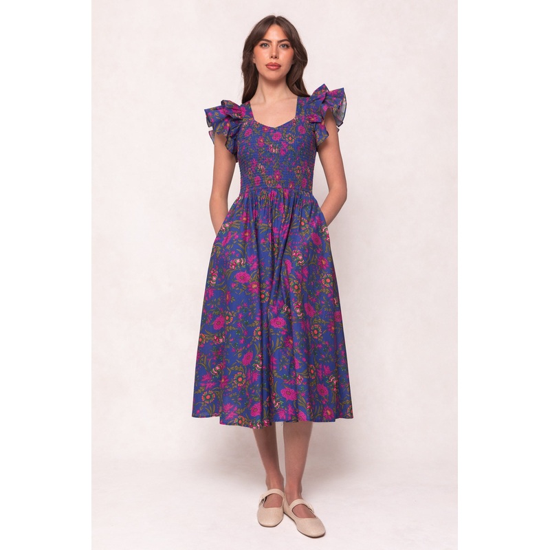 Hattie Dress in Blue Multicolor Floral XX Small