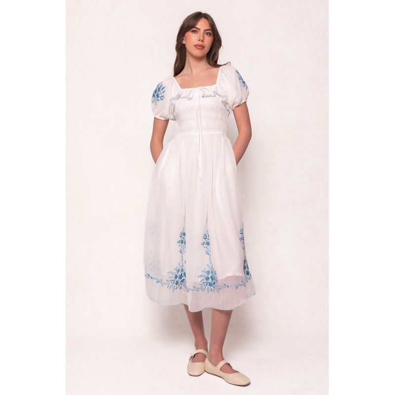 Mae Dress in White with Blue Floral XX Small