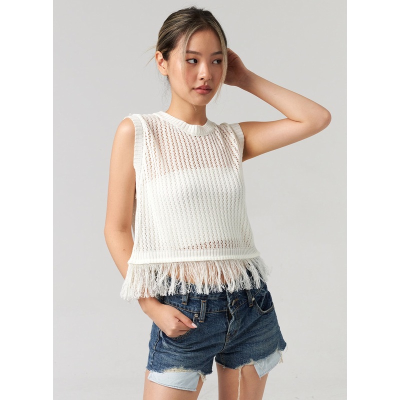 Mesh Fringe Vest CL305 Light beige S/M
