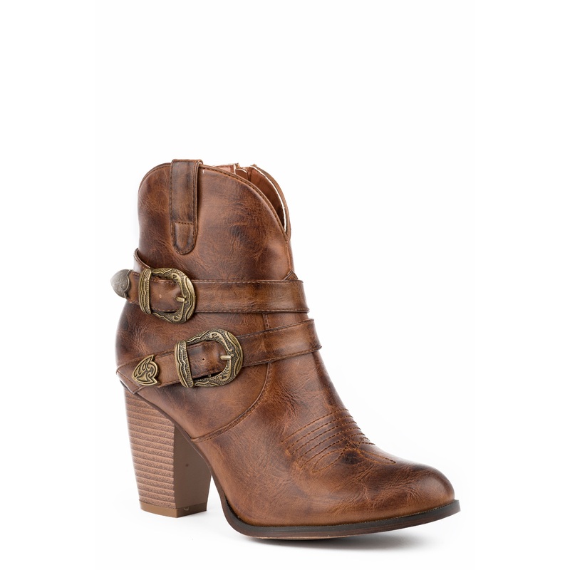 Womens Fashion Shorty Boot Burnished Cognac Faux Leather With Two Belts 5 R