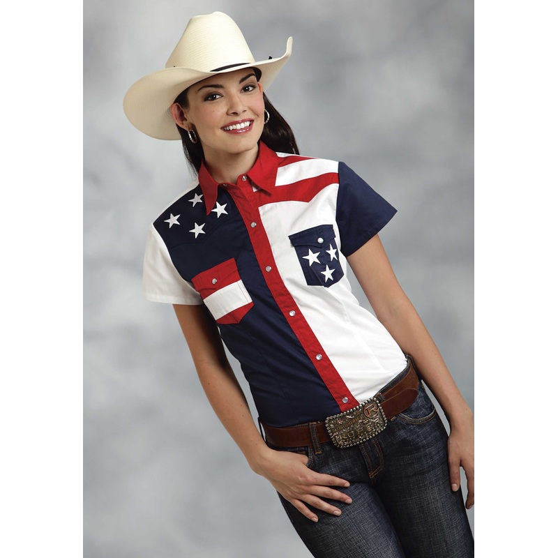 Womens Red White And Blue Colorblocked Pieced Short Sleeve Western Snap Shirt XS