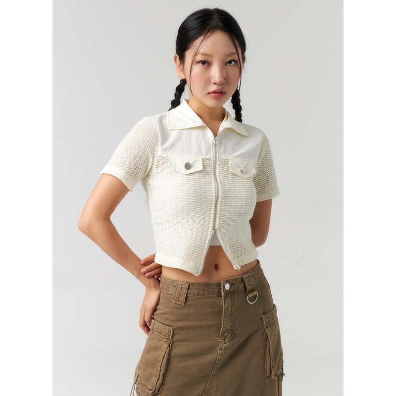 Mesh Zip-Up Top CU323 Light beige S/M