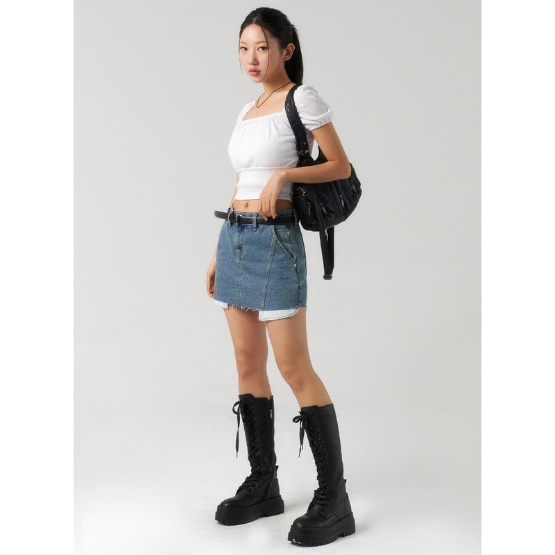 Ripped Hem Denim Mini Skirt CU326 Light blue S