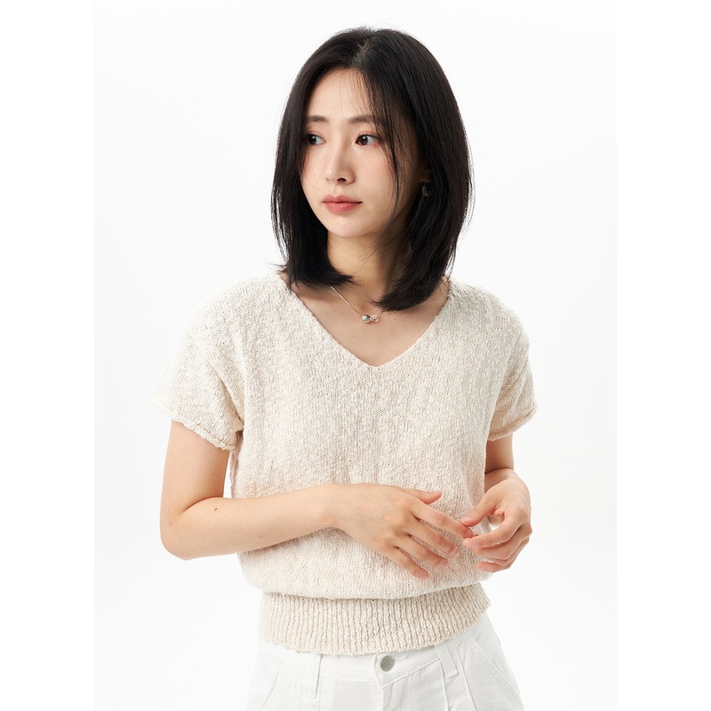 V-Neck Summer Sweater OU312 Light beige S/M
