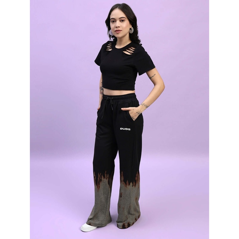 WOMEN’S FIRE FLAME BAGGY TIE-DYE CO-ORD SET BLACK XS