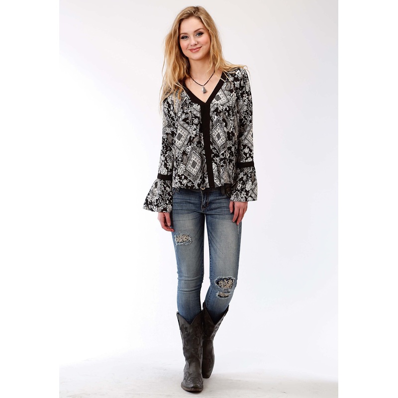 Womens Black And White Diamond Floral Print Long Sleeve Western Shirt XS