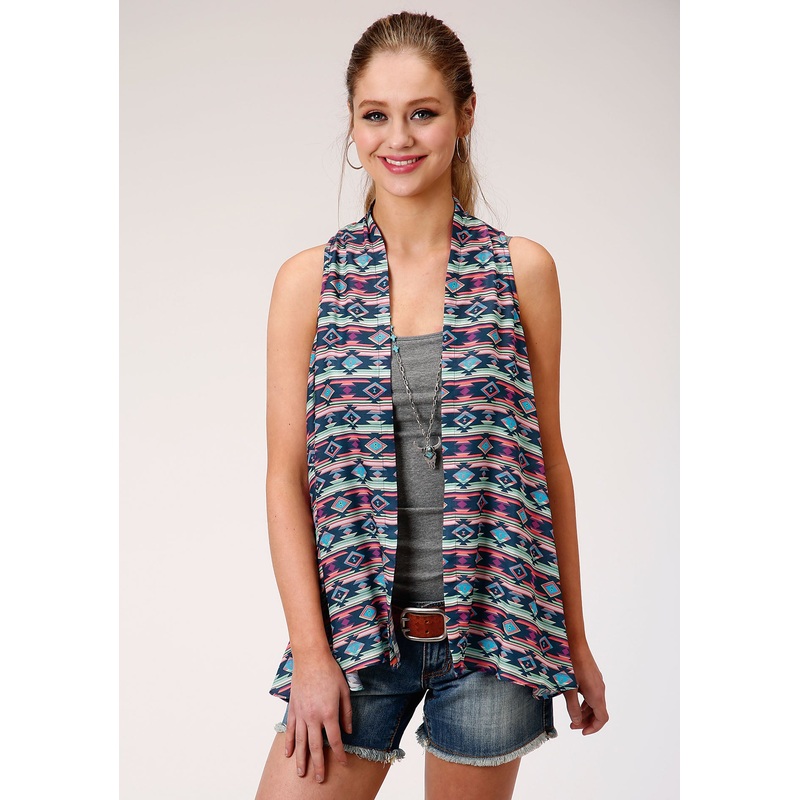 Womens Navy Blue Red And Turquoise Aztec Print Sleeveless Cardigan XS
