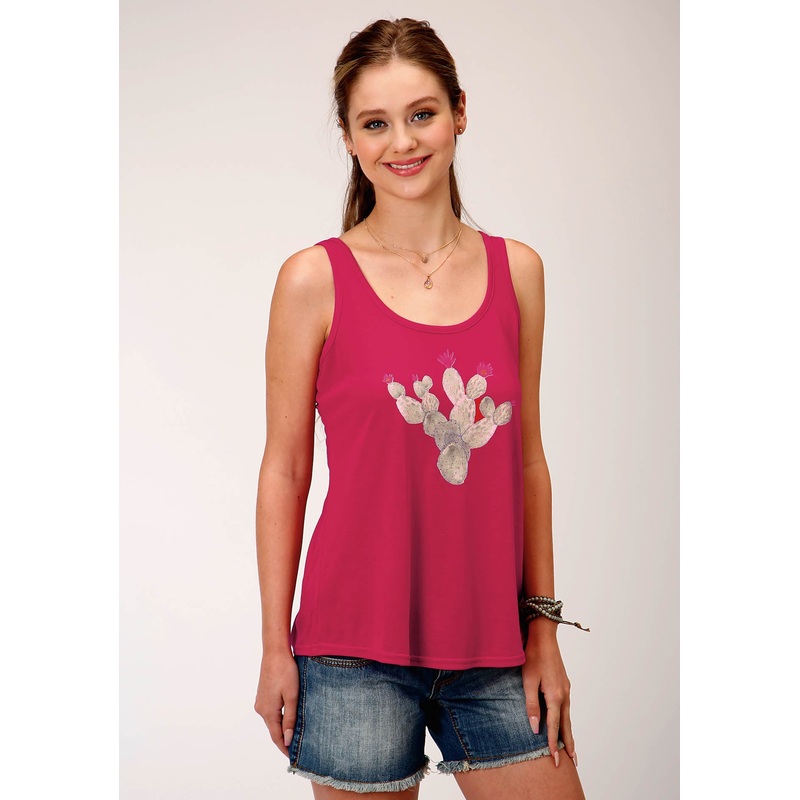 Womens Pink With Cactus Screen Print Sleeveless Knit Top XS