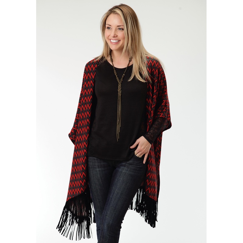 Womens Red And Blue Chevron Print Poncho XS/S