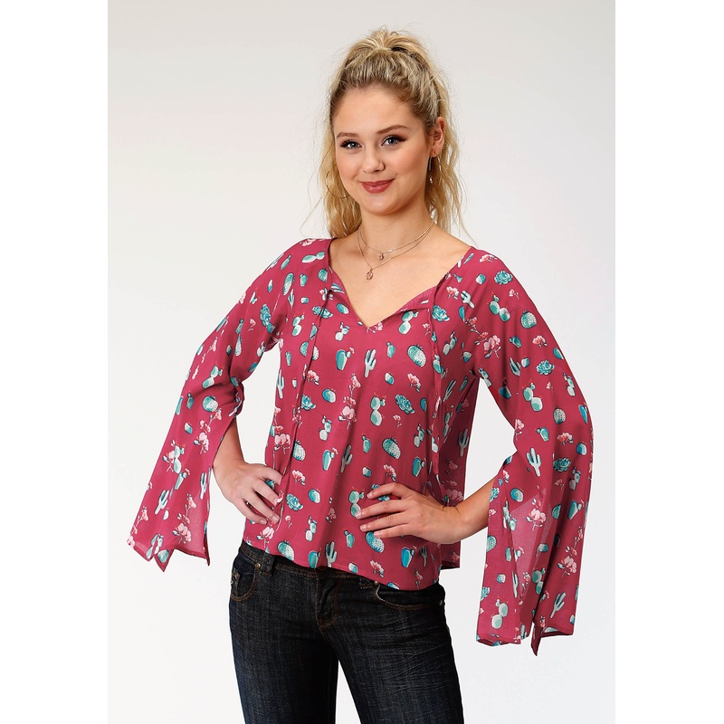 Womens Red And Turquoise Cactus Print Long Sleeve Western Shirt XS