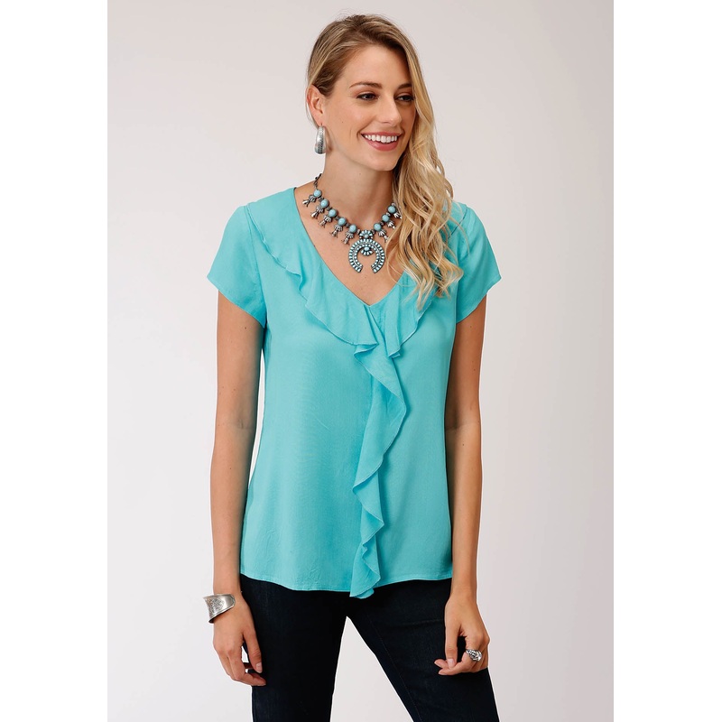 Womens Solid Turqoise  Short Sleeve Western Shirt XS