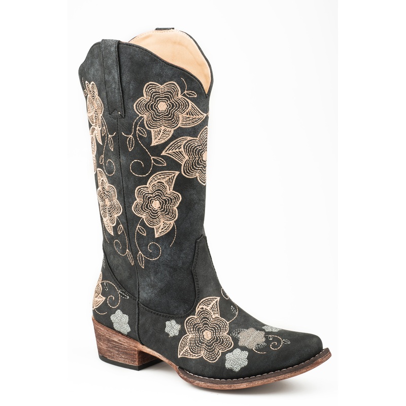 Womens Vintage Black Faux Leather With Floral Embroidery Fashion Boot 5 R