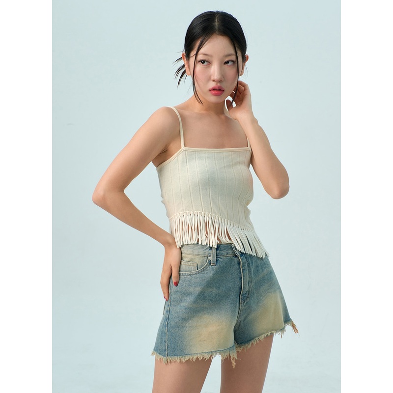 Back Tie Fringe Top BU308 Light beige S/M