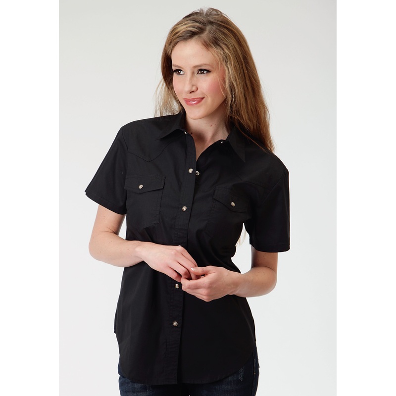 Womens Black Solid Short Sleeve Western Snap Shirt XS