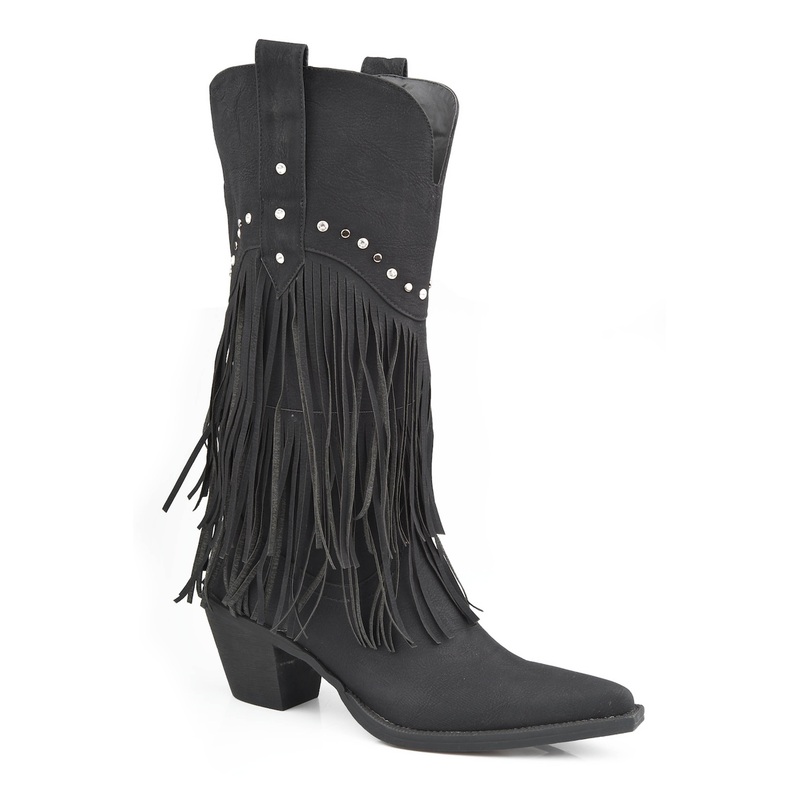 Womens Fashion Cowboy Boot Black Faux Leather Fring With Stud Design 5 R